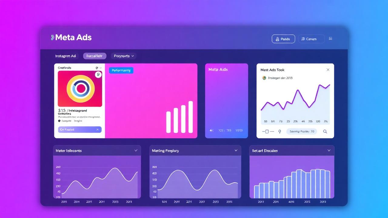 Dashboard do Meta Ads em tons roxos e azuis