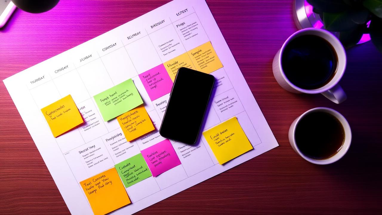 Calendário editorial em papel com notas adesivas