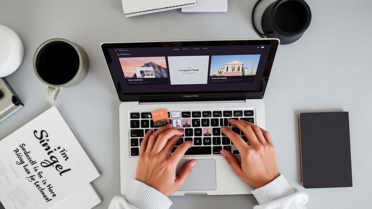 Designer trabalhando em slides de carrossel no laptop