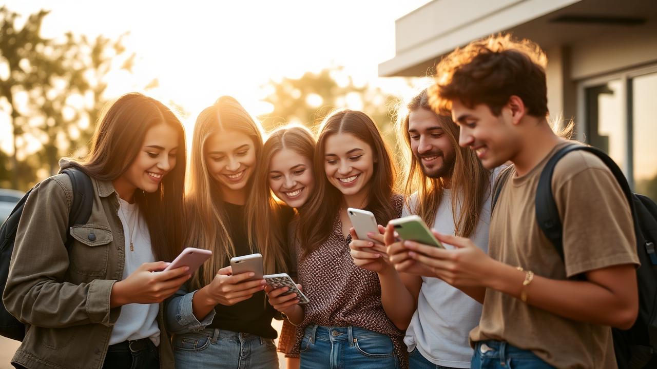 Grupo de jovens reunidos ao redor de celulares