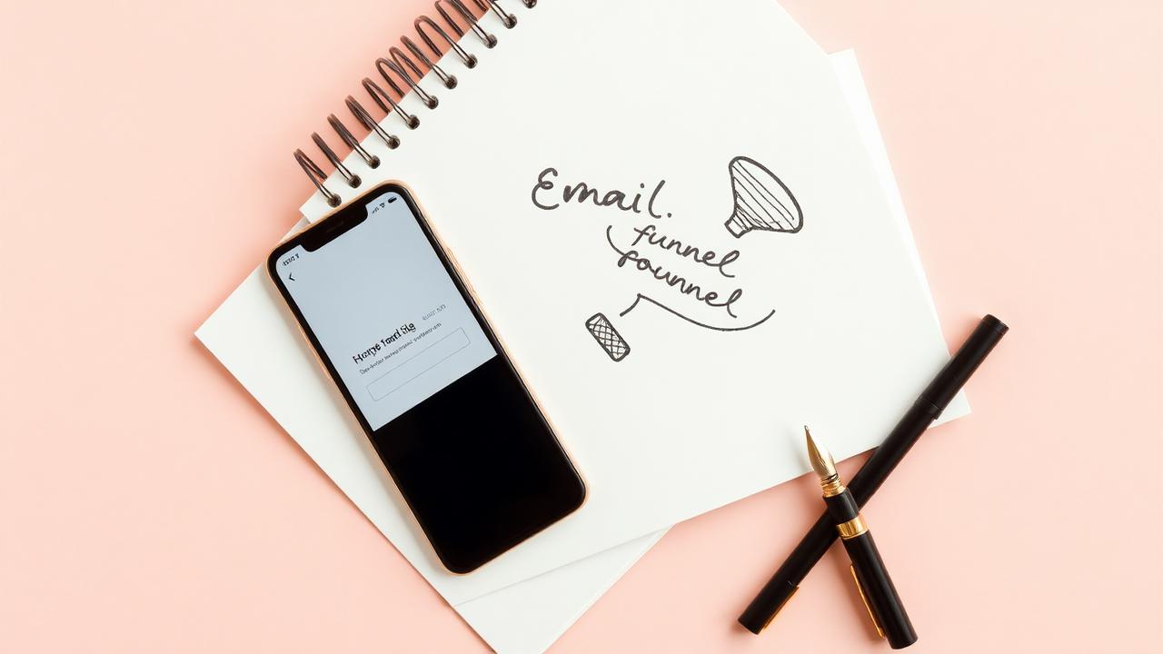 Notebook com sketch de funil de email ao lado de smartphone