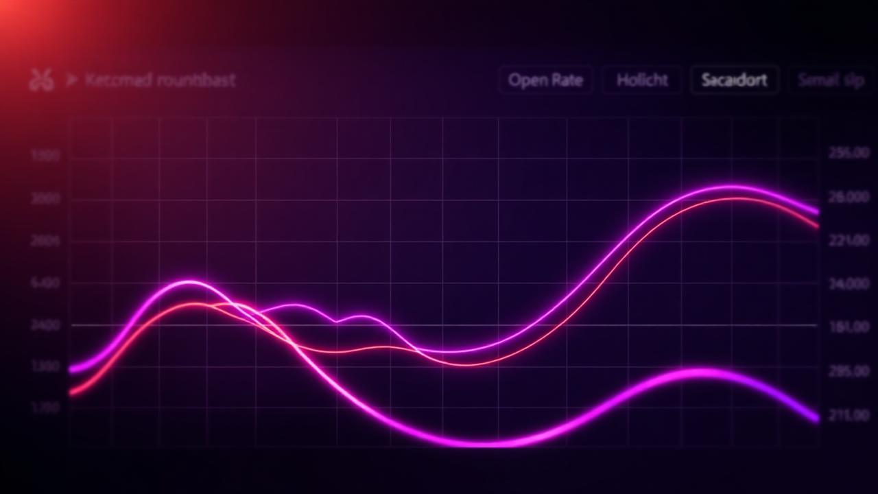 Dashboard com curvas de open rate em néon