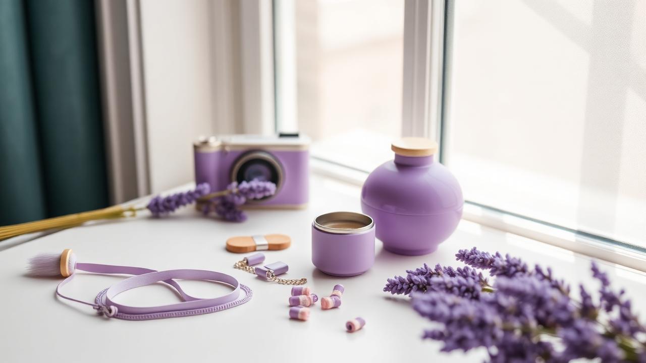 Fotógrafa montando flat lay roxo
