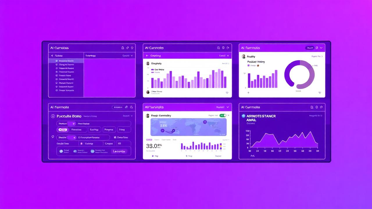 Dashboard de automação com gráficos roxos