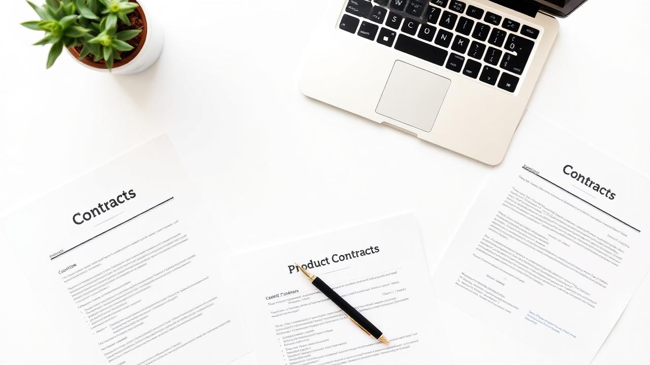 Mesa com contratos de parceria de marca, laptop e produtos