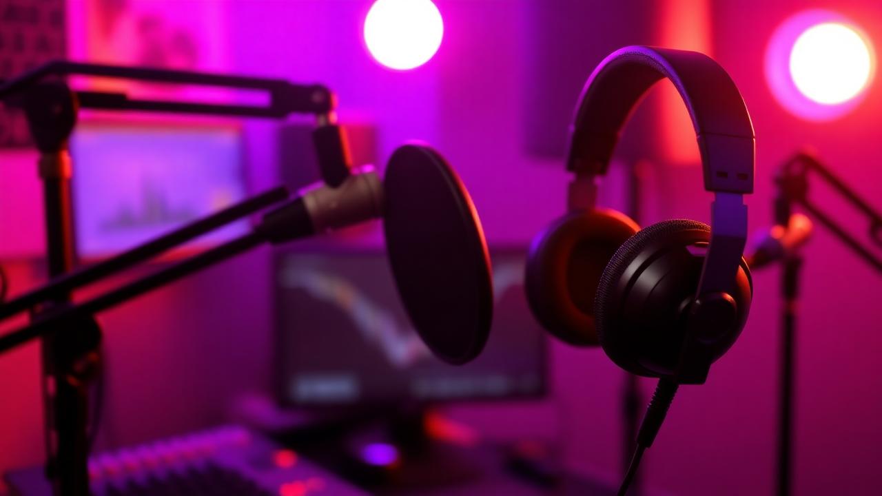 Estúdio de podcast com iluminação roxa