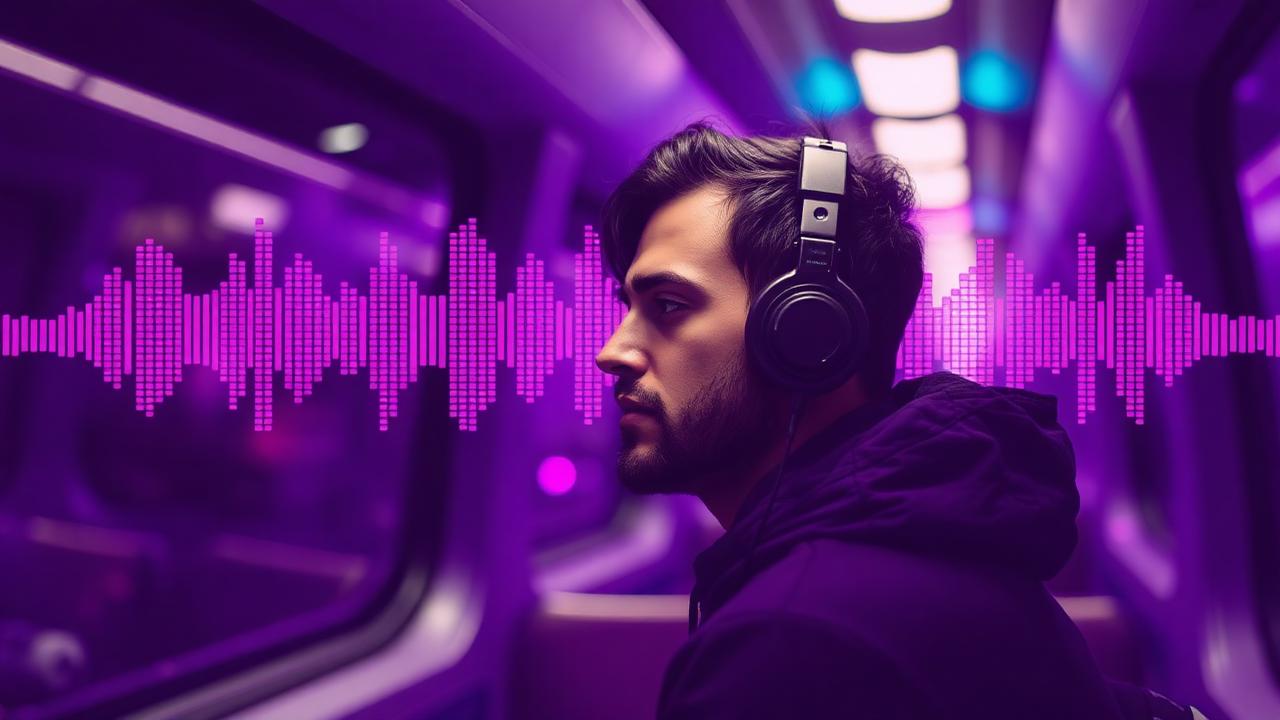 Pessoa ouvindo podcast com onda sonora roxa