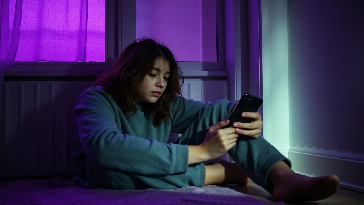 Pessoa exausta sentada no chão olhando celular