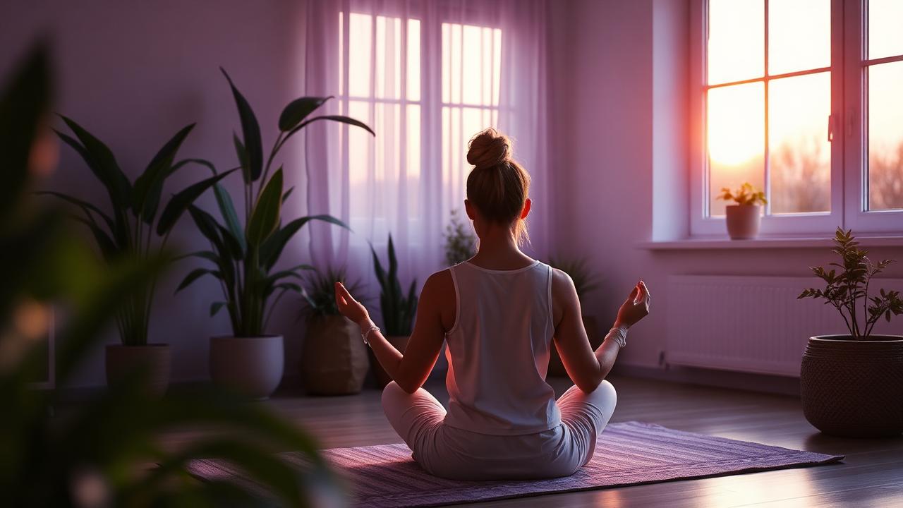 Pessoa meditando em quarto com plantas
