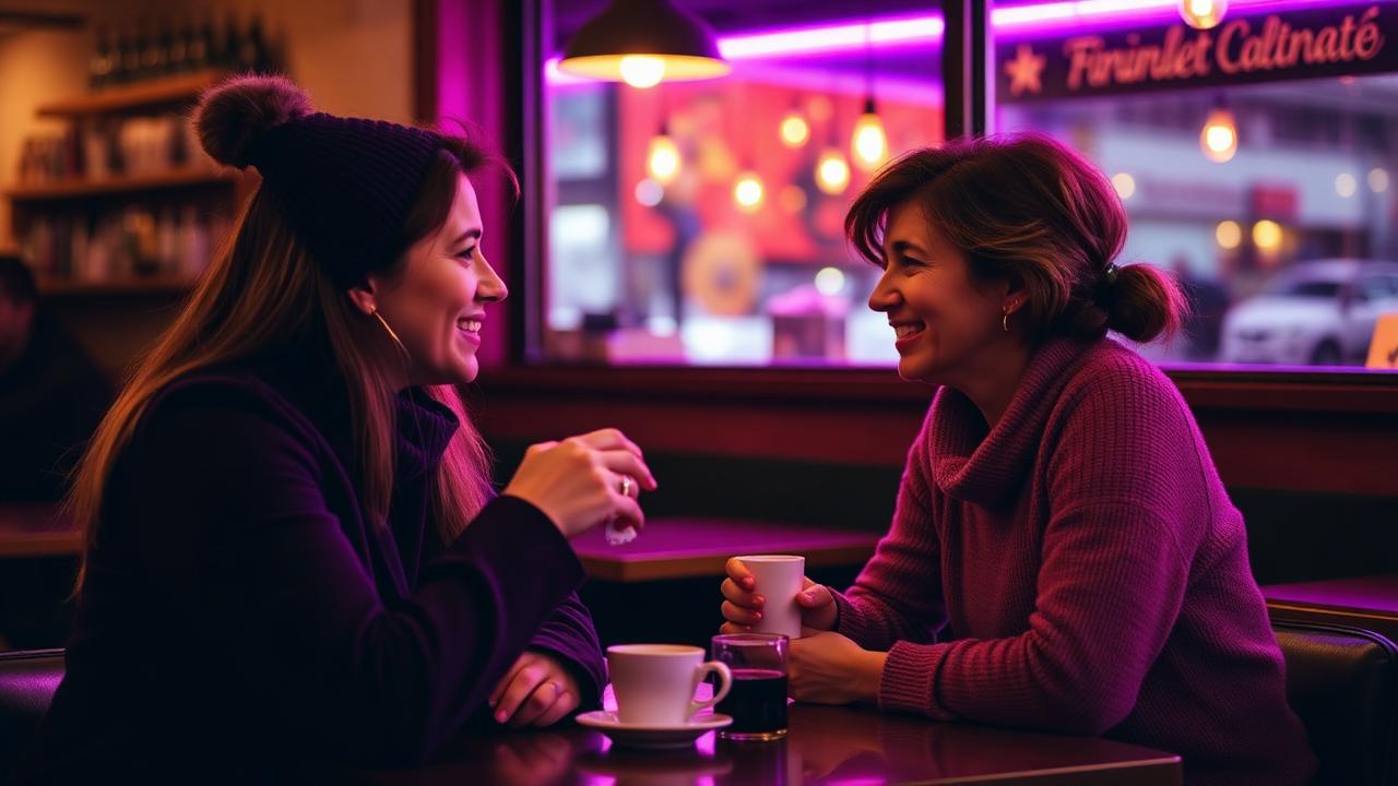 Duas pessoas conversando em café acolhedor