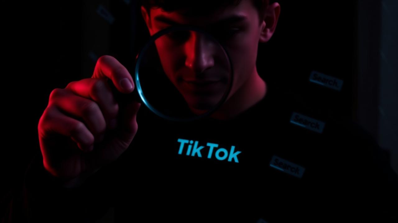 Pessoa pesquisando no TikTok com lupa sobreposta