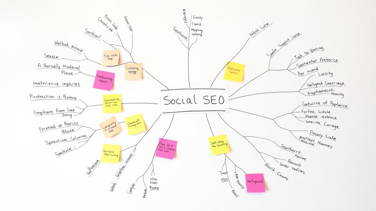 Mind map de social SEO com sticky notes