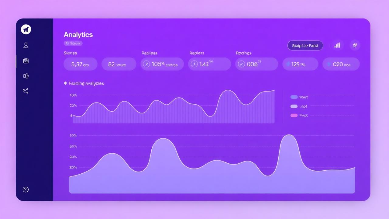 Dashboard de analytics dos Stories com gráficos roxos