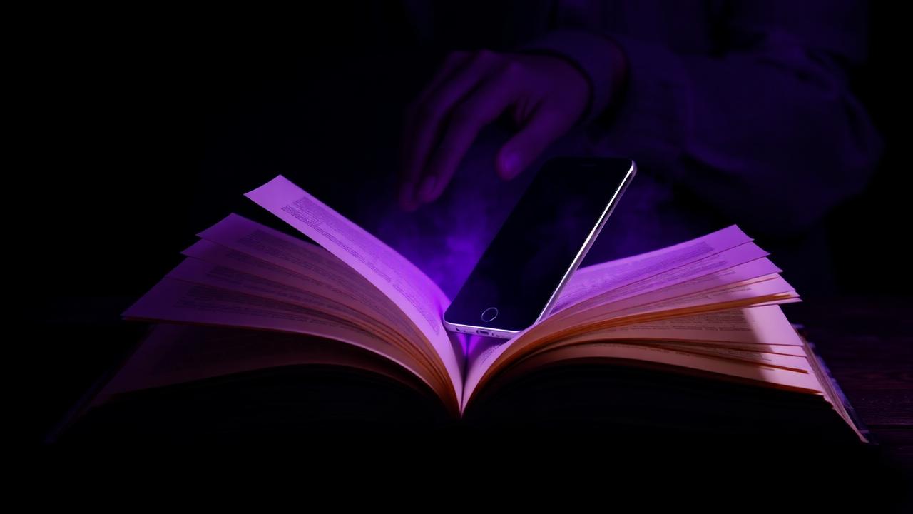 Livro aberto com smartphone emergindo