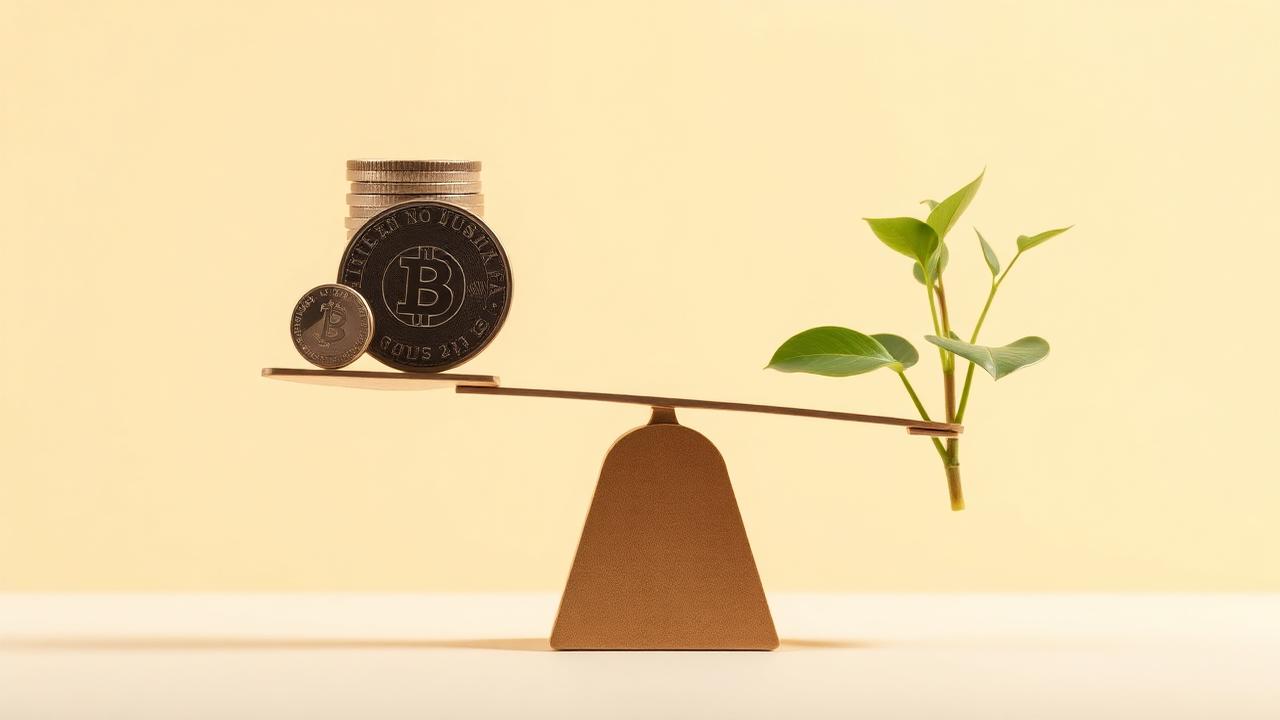 Balança equilibrando moedas e planta
