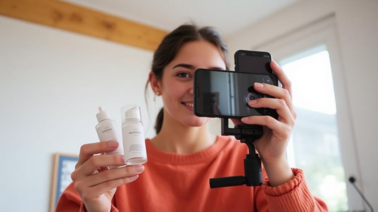 Jovem criadora gravando review autêntico de produto