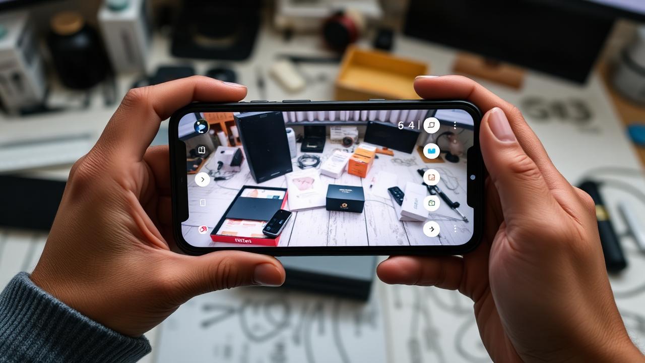 Celular gravando review estilo UGC com produtos