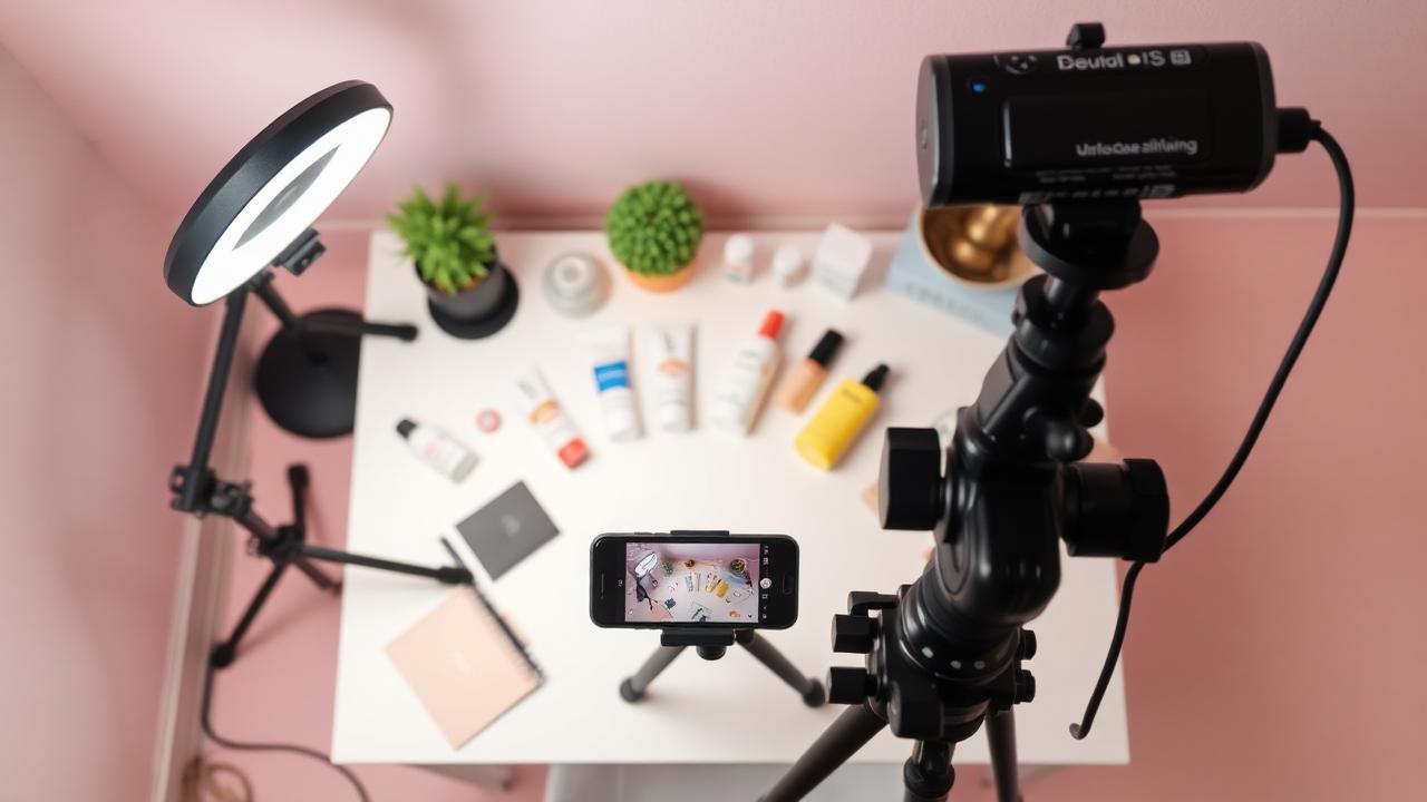 Setup completo de UGC creator: ring light, tripé, produtos no desk
