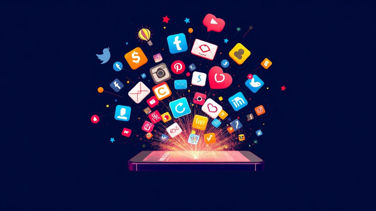Ícones de redes sociais explodindo de um celular como fogos