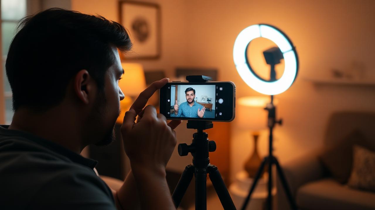 Criador filmando vídeo curto em casa com ring light
