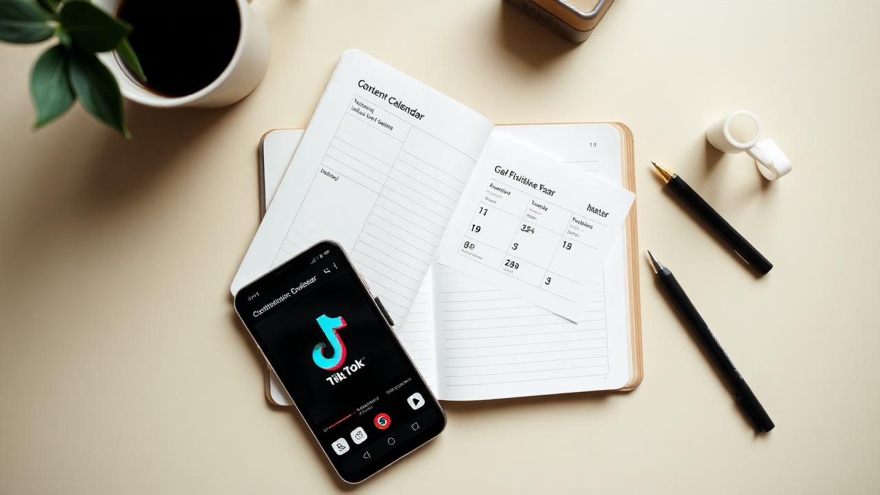 Caderno com calendário de conteúdo e smartphone com TikTok